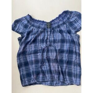 Blue Plaid Smocked Neck Cotton Blouse Top Womens L 12-14 Y2K Grannycore